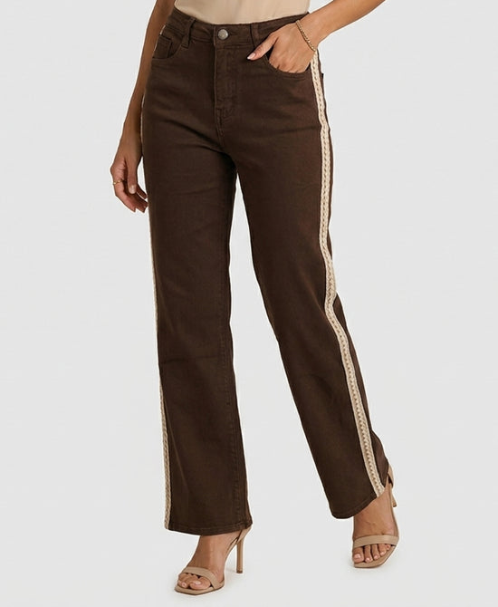 
Flare Jeans w/ Crochet Side Detail in BROWN view 1