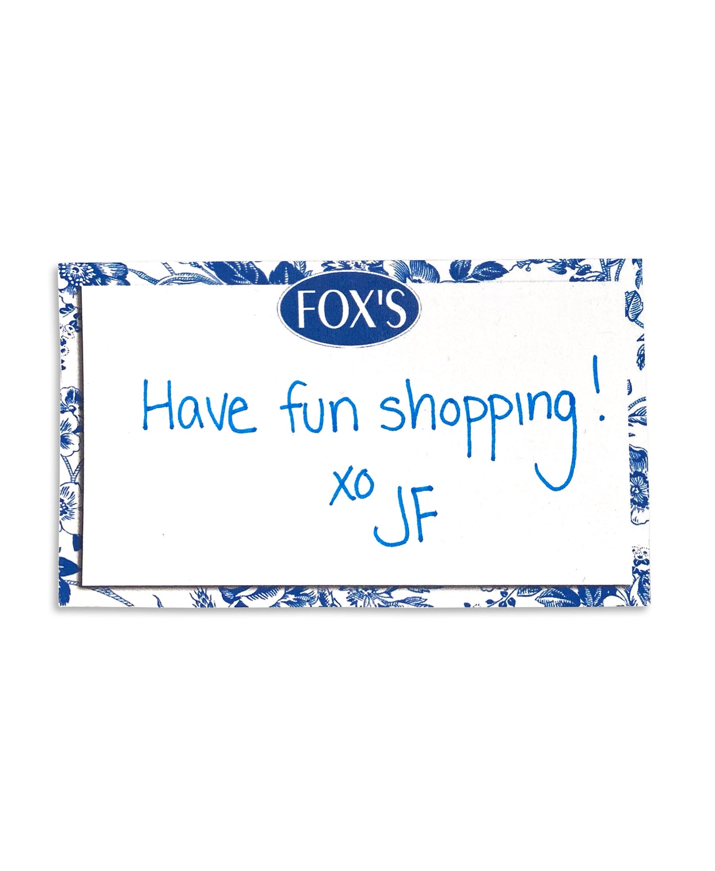 Sample gift card message reading 'Have fun shopping! XO JF'