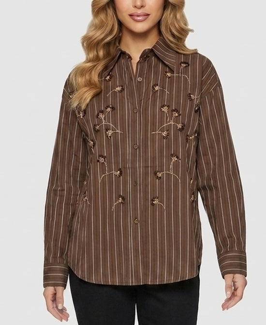 
Stripe Blouse w/ Embroidered Sequin Detail in BROWN view 1