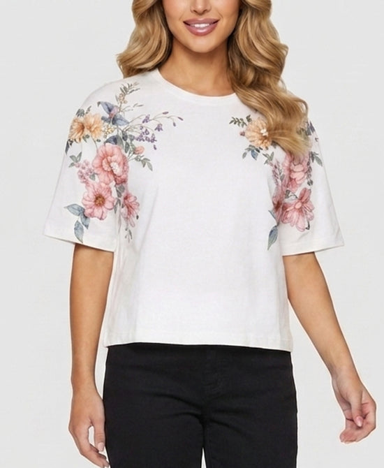 
Tee w/ Floral Print & Sequins in WHITE view 1