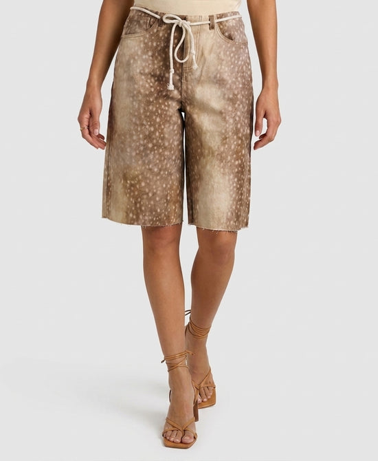 
Deer Print Denim Shorts in TAN view 1