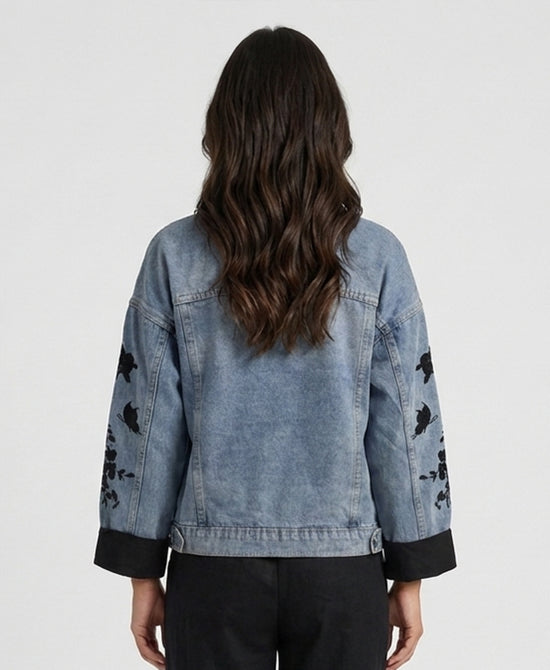 
Embroidered Denim Jacket in LIGHT WASH/BLACK view 2