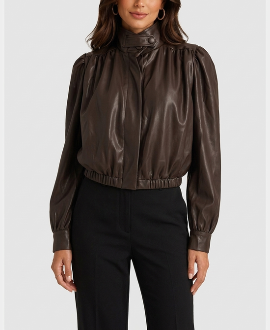
Crop Faux Leather Bubble Jacket in BROWN view 1