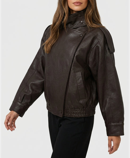 
Faux Leather Bomber Jacket in BROWN view 1