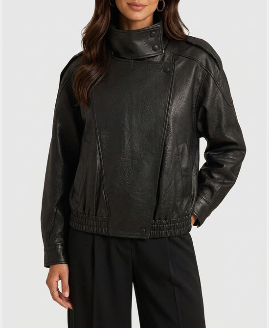
Faux Leather Bomber Jacket in BLACK view 1
