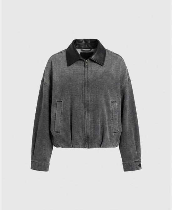 
Croc Print Denim Jacket w/ Faux Leather Collar in WASHED BLACK view 2