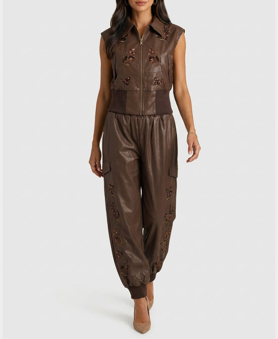 
Faux Leather Vest & Pants Set w/ Sequins - 2 Pc Set in BROWN view 1