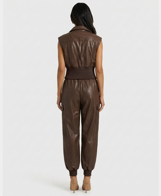
Faux Leather Vest & Pants Set w/ Sequins - 2 Pc Set in BROWN view 2