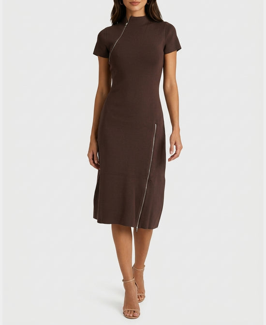 
Knit Midi Dress w/ Zippers in BROWN view 1