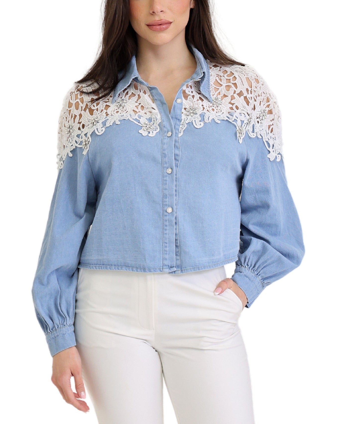 Denim Shirt w/ Lace & Rhinestones view 1