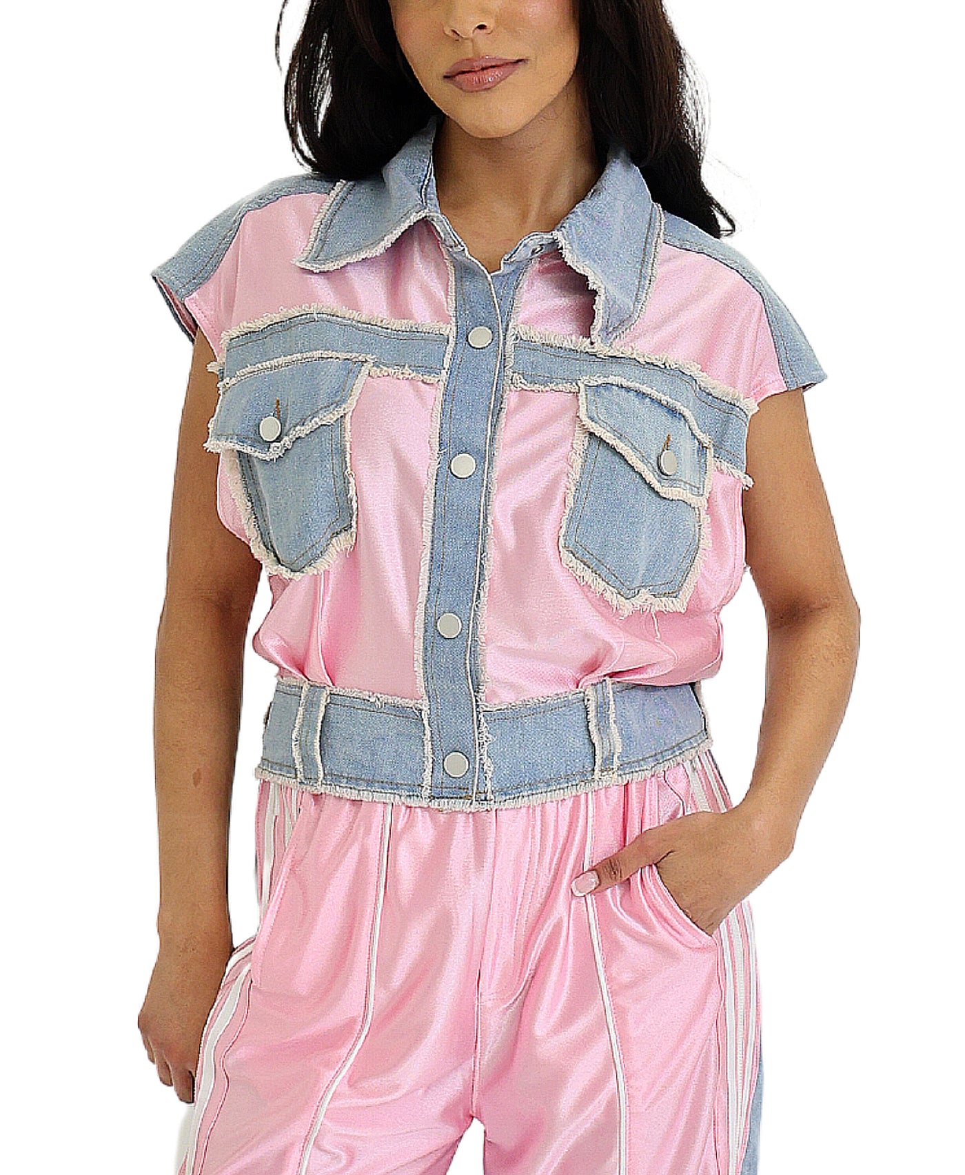 Satin Vest w/ Denim Trim