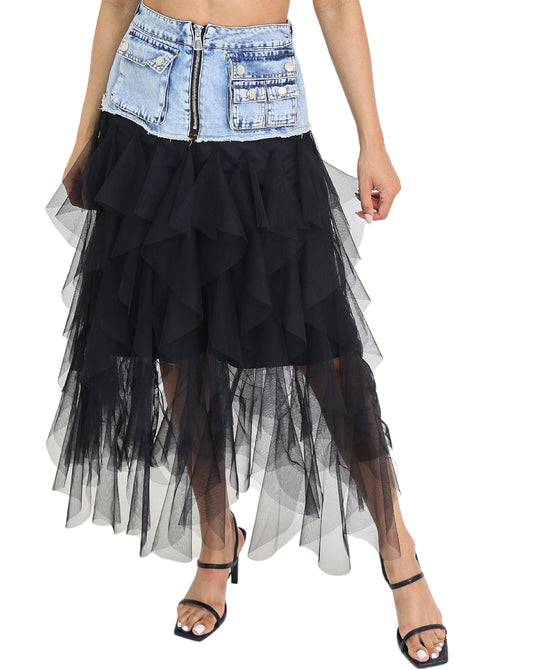 Denim & Tulle Midi Skirt view 