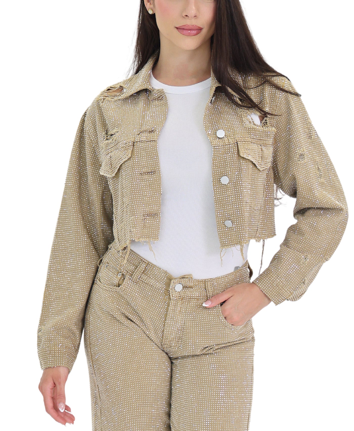 Cropped Denim Jacket w/ Crystals view 1
