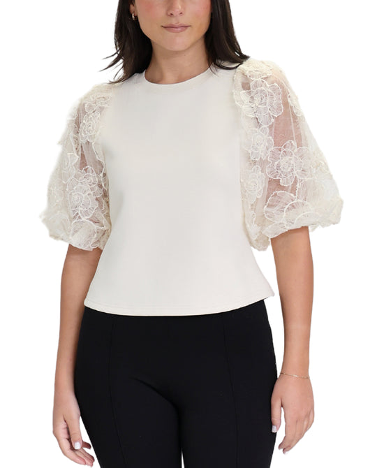 Scuba Top w/ Floral Lace Sleeves view 1