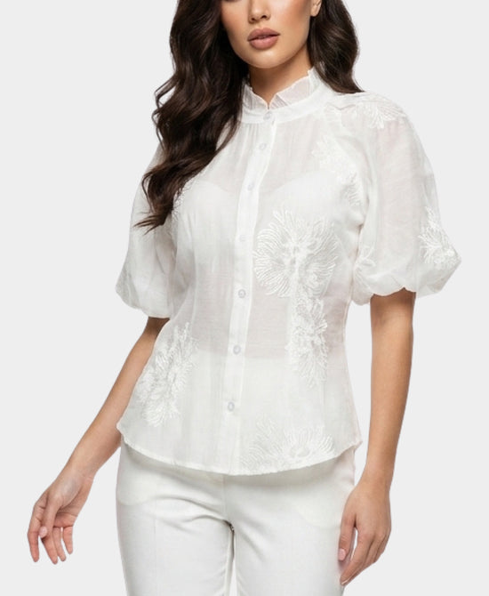 
Sheer Embroidered Blouse w/ Puff Sleeves in WHITE view 1