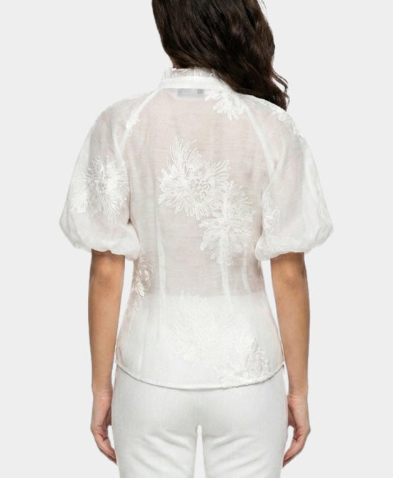 
Sheer Embroidered Blouse w/ Puff Sleeves in WHITE view 2
