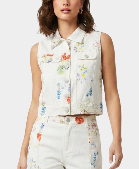 
Floral Print Denim Vest in WHITE MULTI view 1