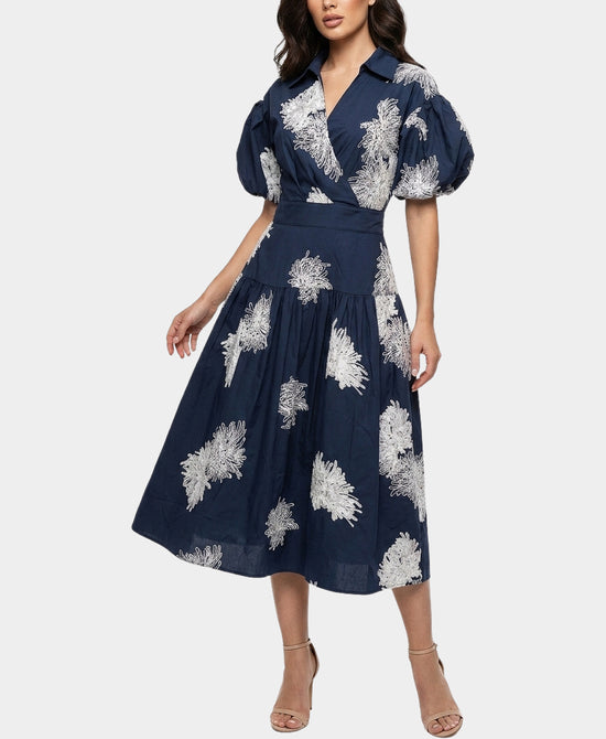 
Embroidered Midi Dress w/ Puff Sleeves in NAVY view 1