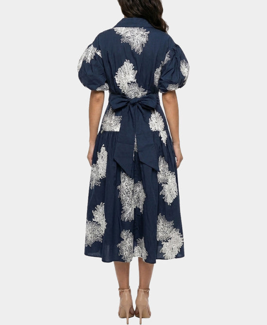 
Embroidered Midi Dress w/ Puff Sleeves in NAVY view 2