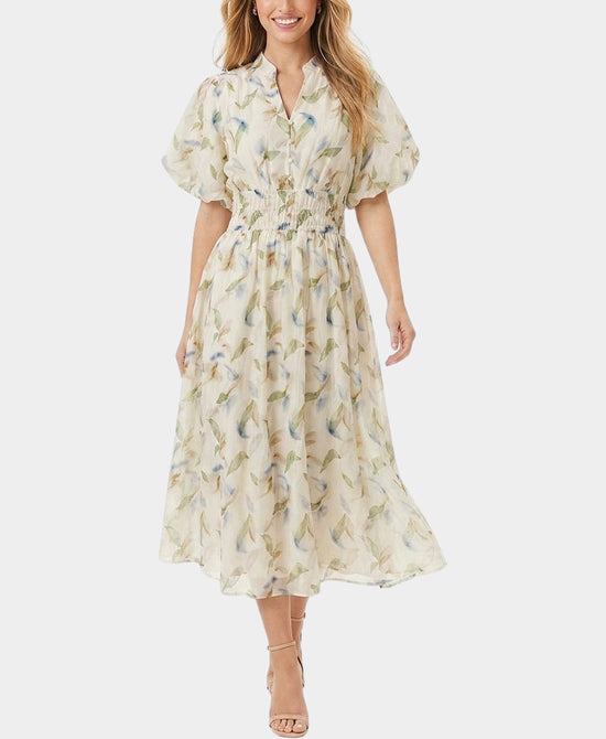 
Printed Midi Dress w/ Puff Sleeves in IVORY MULTI view 1