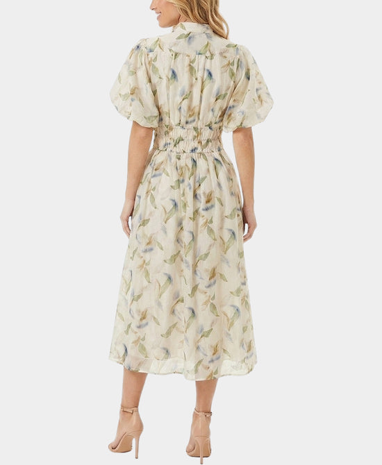 
Printed Midi Dress w/ Puff Sleeves in IVORY MULTI view 2
