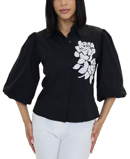 Puff Sleeve Top w/ Sequin Flower view 