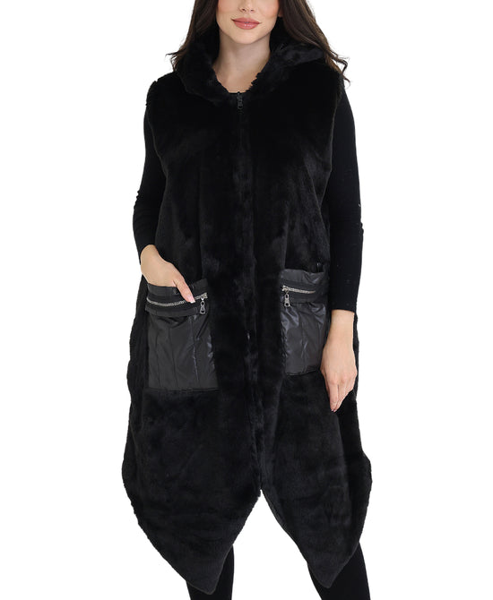 Reversible Faux Fur Long Hooded Vest view 