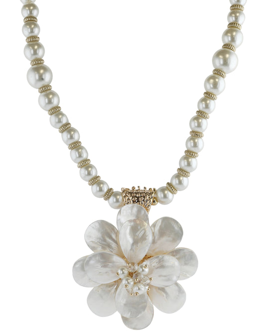 Faux Pearl Necklace w/ Flower Pendant view 