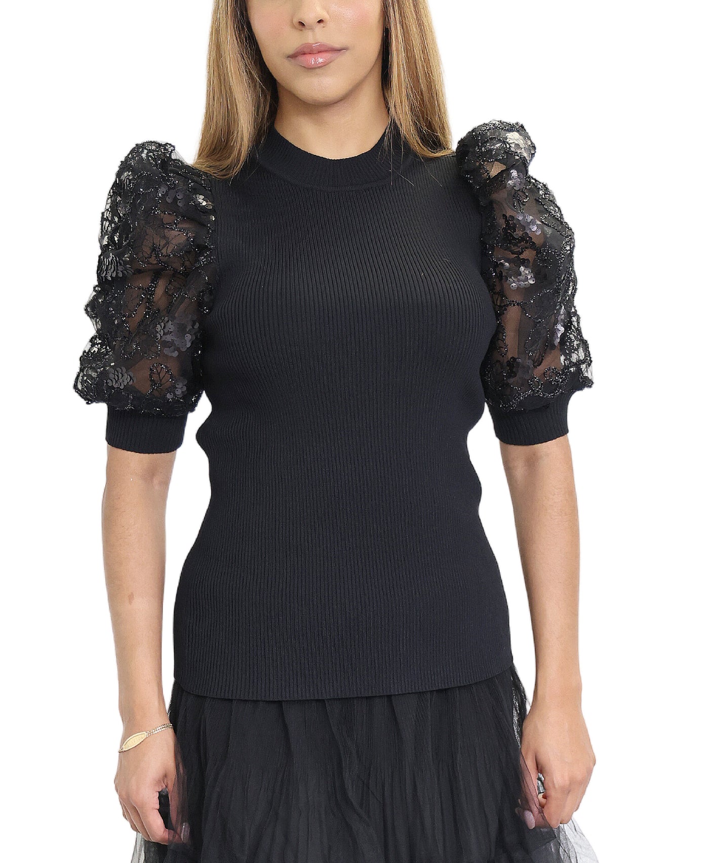 Knit Top w/ Sequin Puff Sleeves image 1