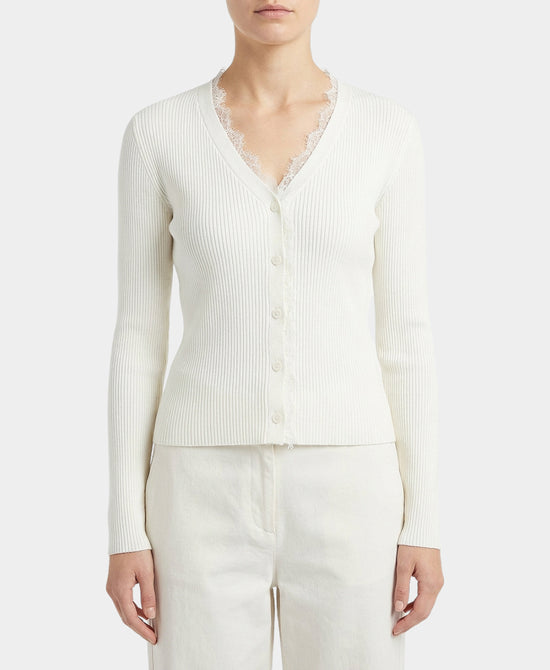 Knit Ribbed Cardigan w/ Lace Trim view 1