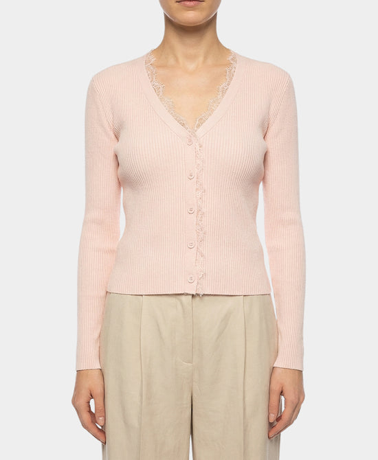 Knit Ribbed Cardigan w/ Lace Trim view 1