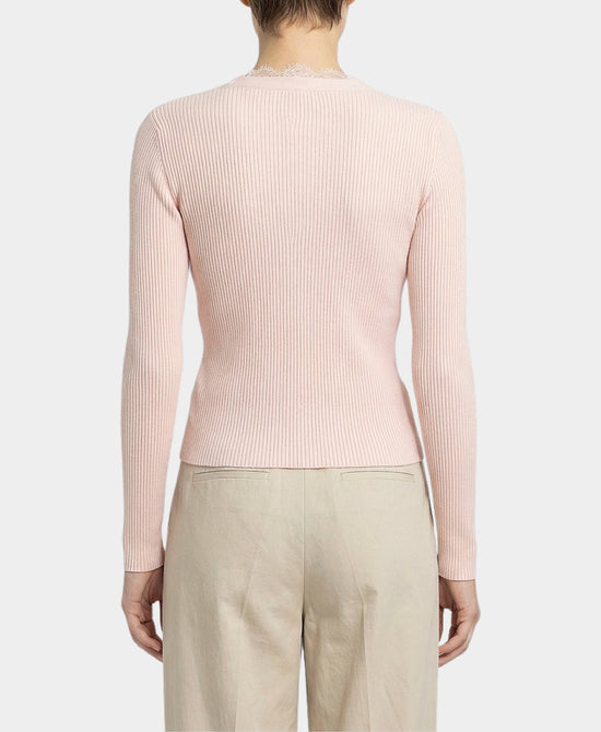 Knit Ribbed Cardigan w/ Lace Trim view 2