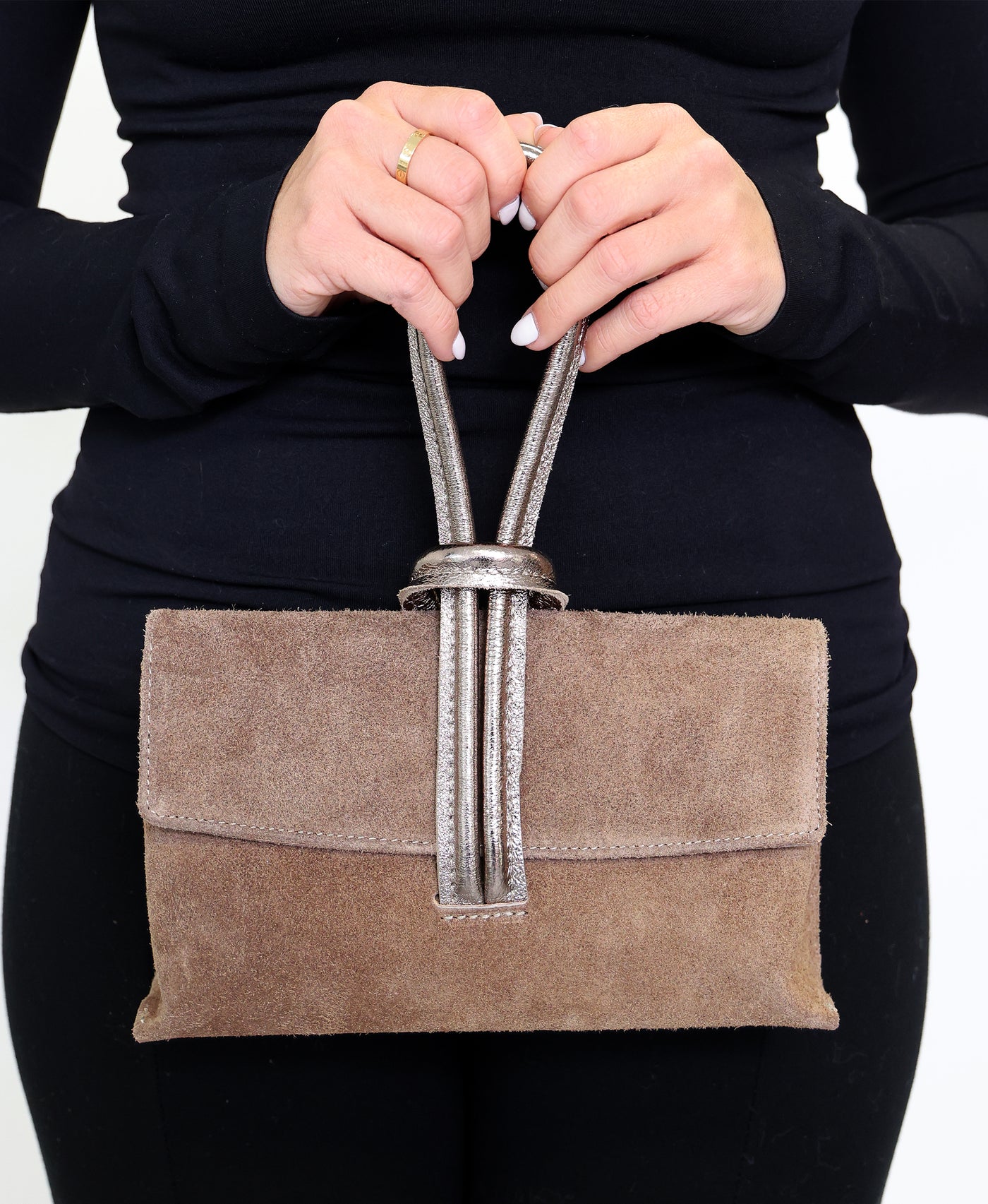 Suede Handbag w/ Metallic Leather Loop Handle image 1
