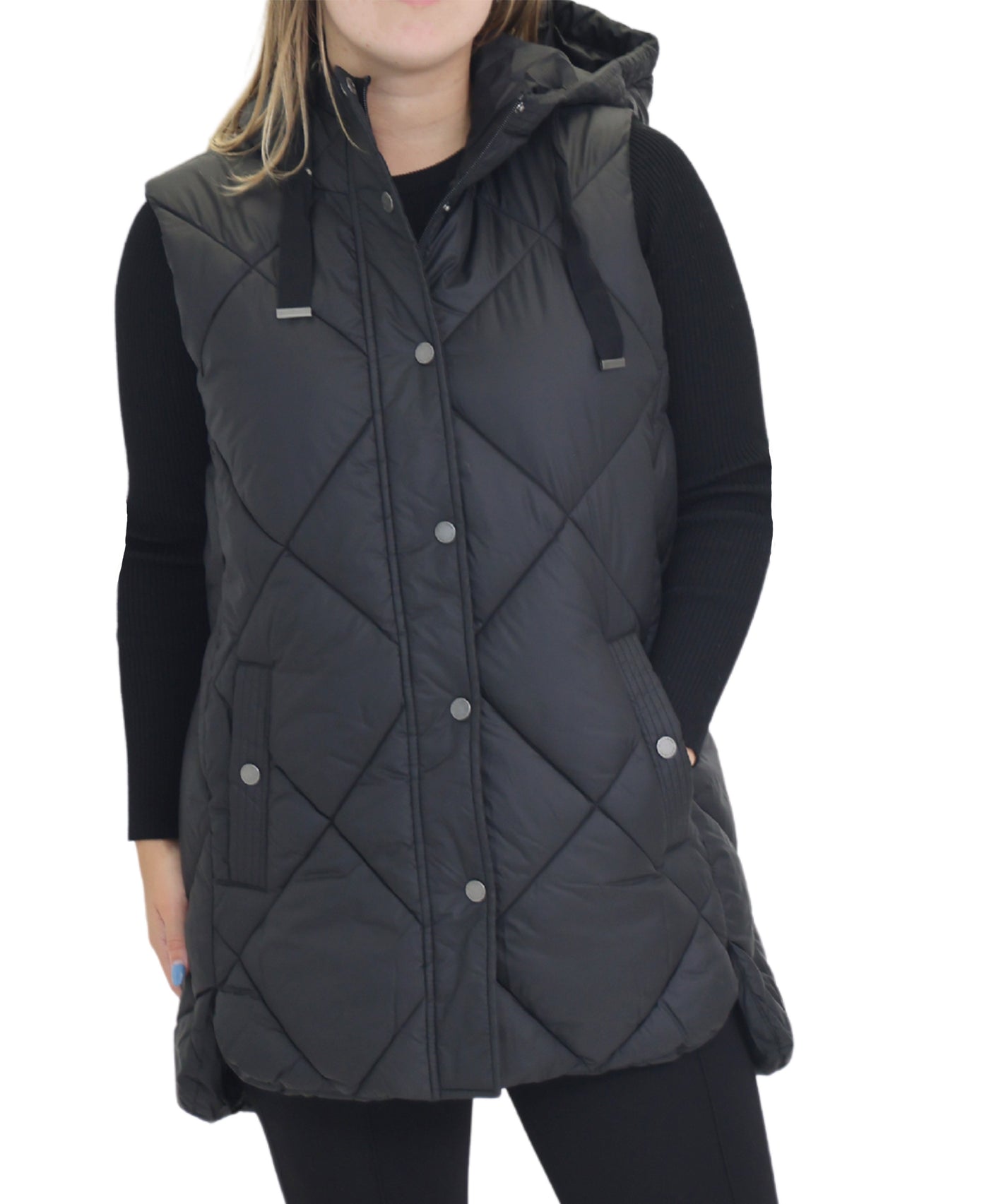 Hooded Quilted Long Puffer Vest view 1