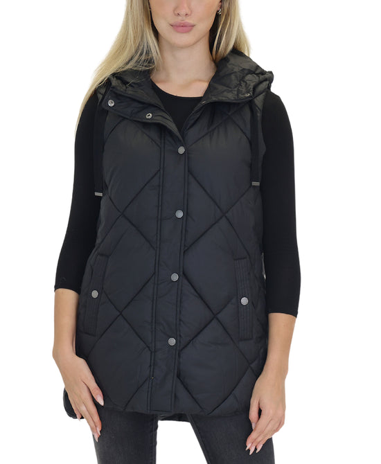 Hooded Quilted Long Puffer Vest view 