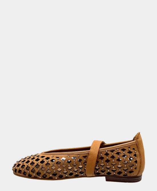 
Leather Perforated Studded Flat in BROWN view 2