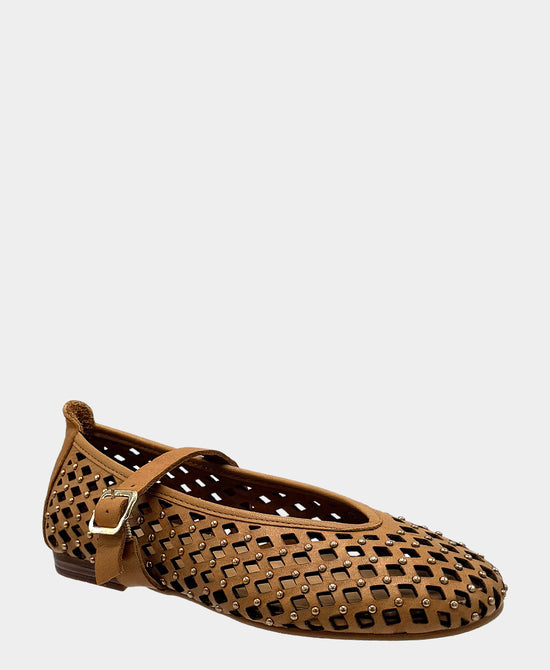 
Leather Perforated Studded Flat in BROWN view 1
