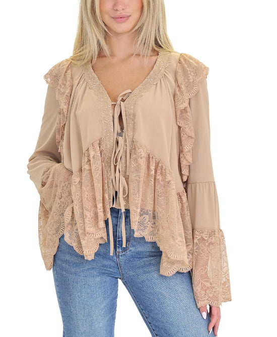 Lace Trim Blouse w/ Front Ties view 