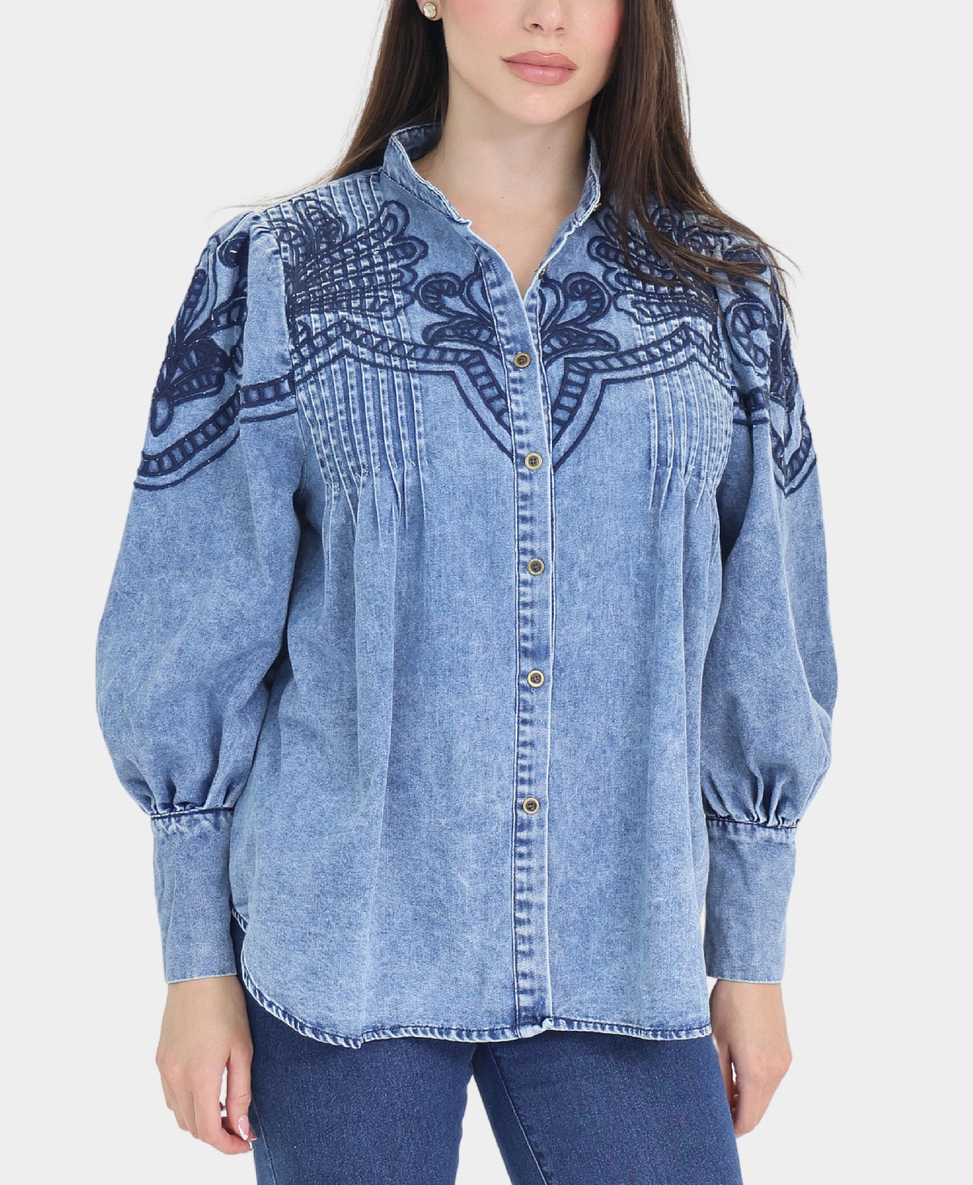 Embroidered Denim Top view 1