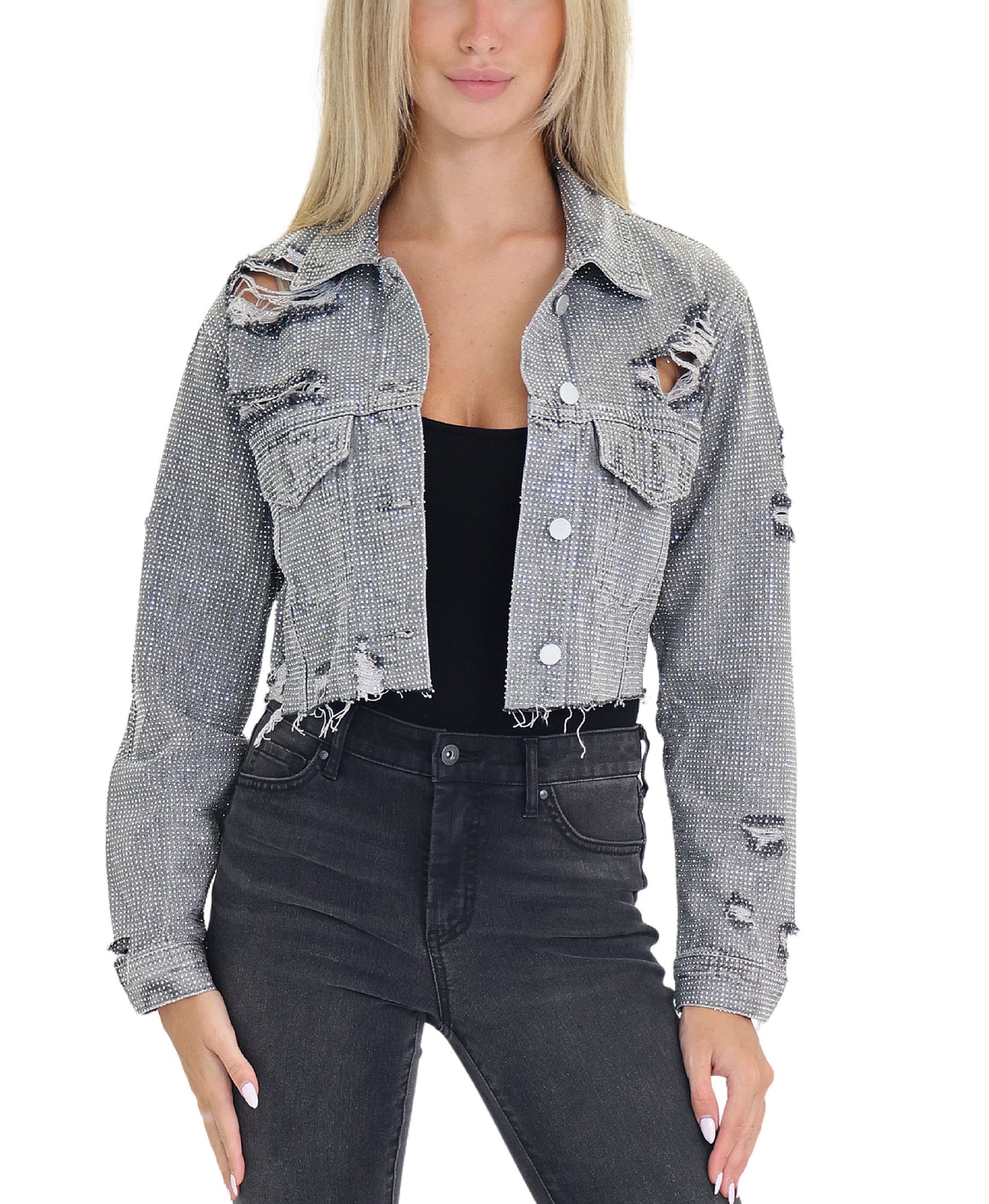 Cropped Denim Jacket w/ Crystals view 1