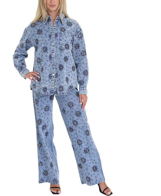 Embroidered Denim Top & Jeans Set- 2 Pc Set view 