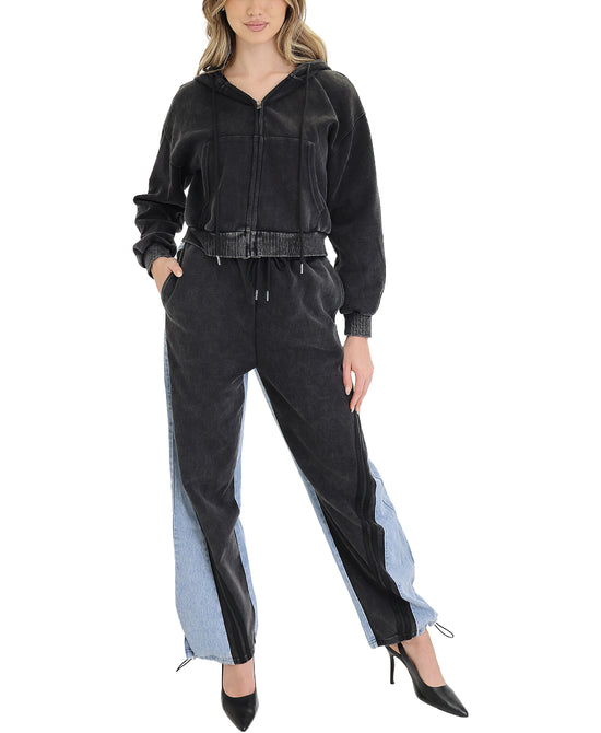 Fleece & Denim Combo Hoodie & Pants Set- 2 Pc Set view 