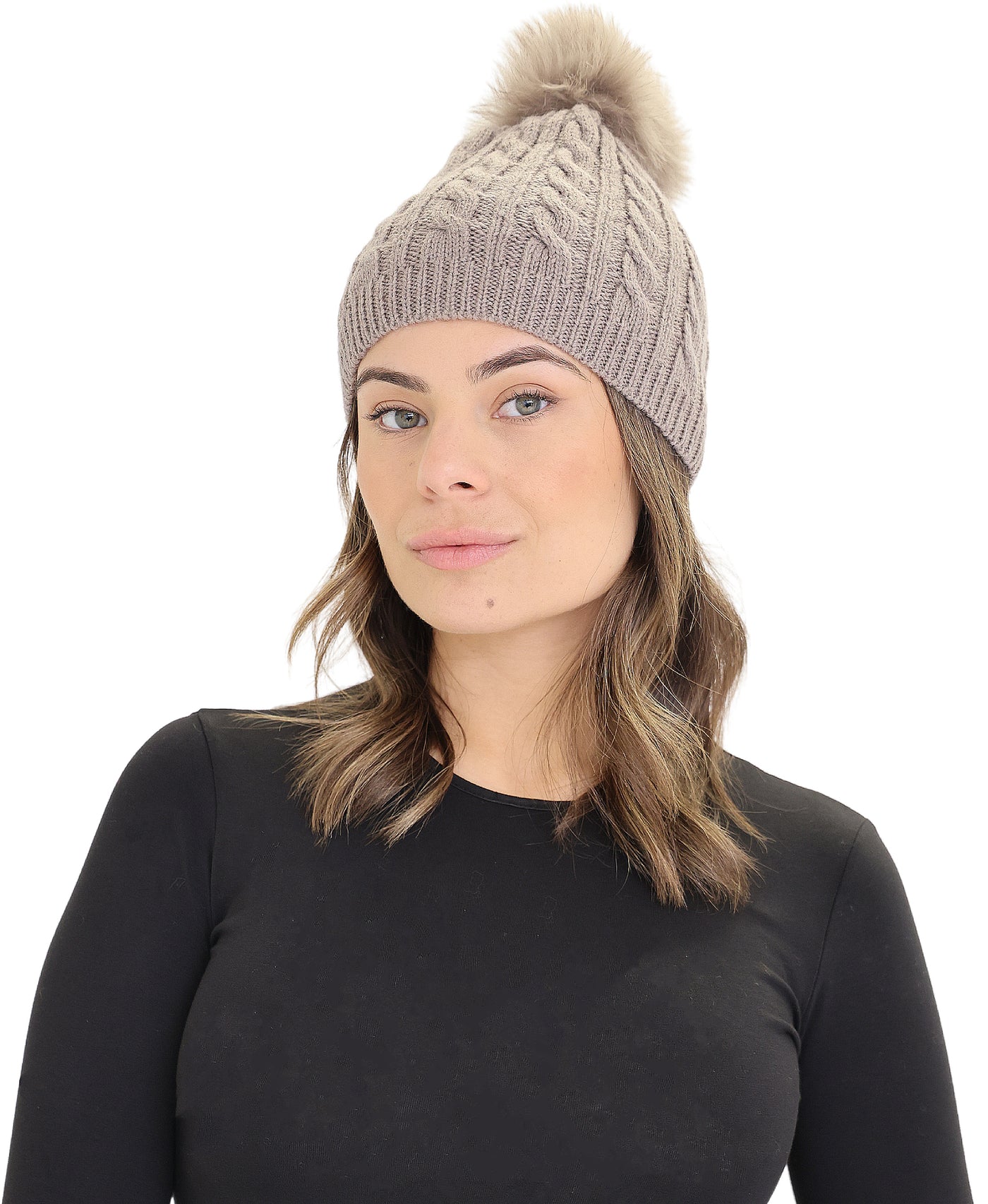 Cable Knit Hat w/ Fur Pom view 1