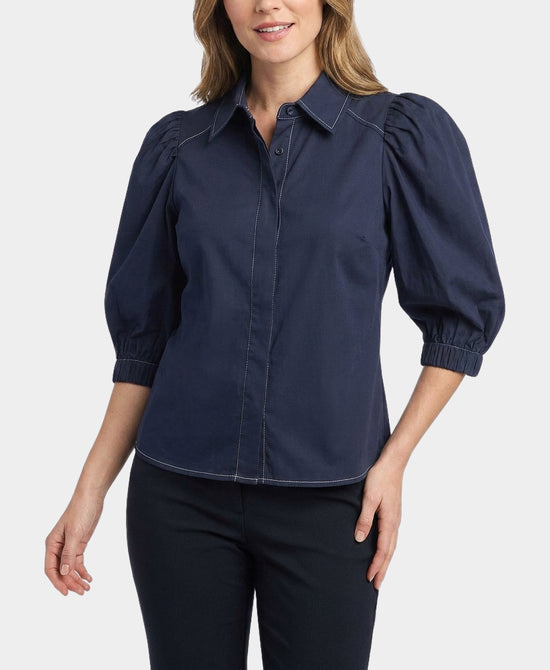 
Blouse w/ Stitching Detail & Puff Sleeves in NAVY view 1