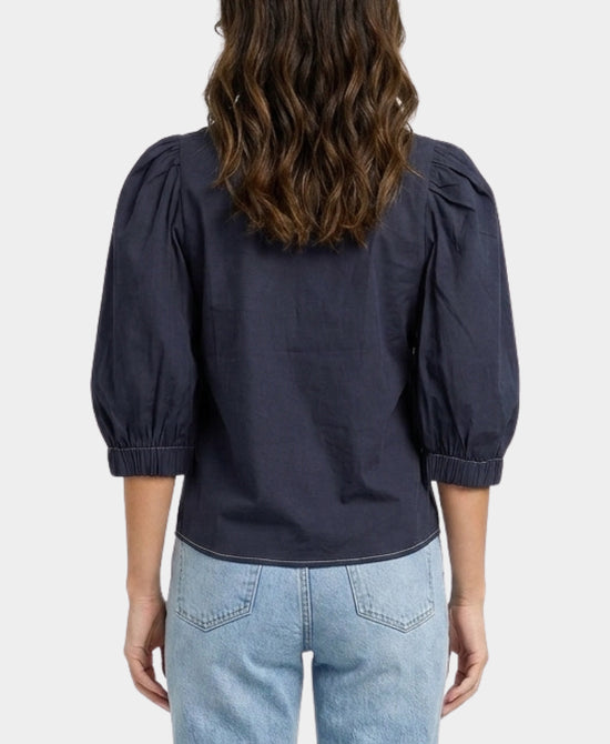 
Blouse w/ Stitching Detail & Puff Sleeves in NAVY view 2