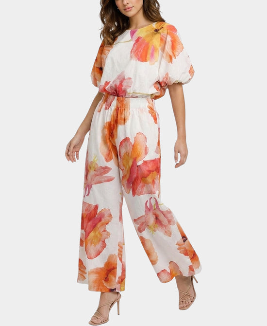 
Printed Balloon Sleeve Top & Pants - 2 Pc Set in IVORY MULTI view 1
