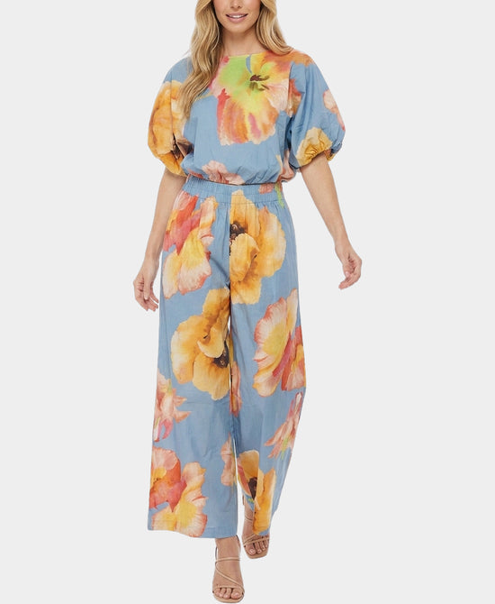 
Printed Balloon Sleeve Top & Pants - 2 Pc Set in BLUE MULTI view 1