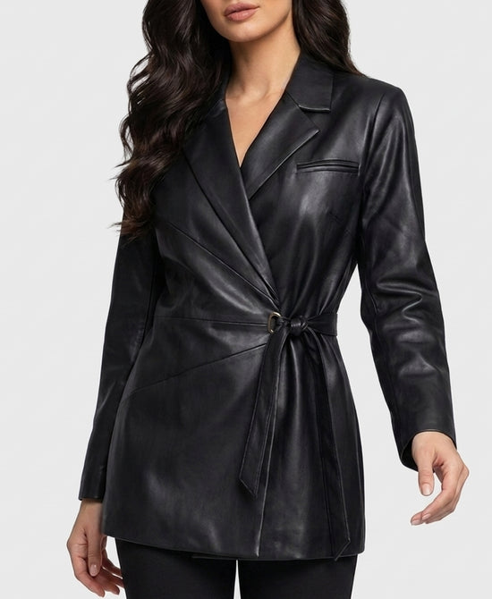 
Faux Leather Blazer w/ Side Tie in BLACK view 1