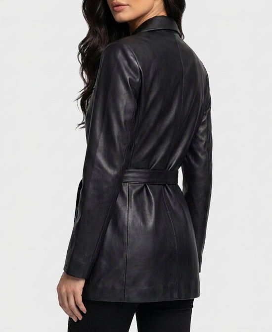 
Faux Leather Blazer w/ Side Tie in BLACK view 2