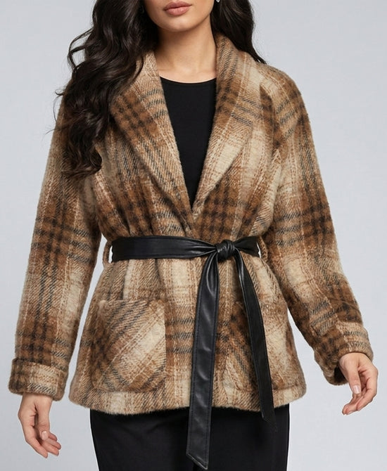 
Faux Fur Plaid Jacket in BEIGE MULTI view 1